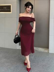 DAZY Vestido de fiesta elegante con hombros descubiertos, plisado lateral, superposición de malla, vestido de graduación, vestido de fiesta, vestido largo - Color caoba - Ver 2