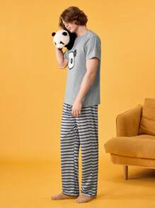 Happy Jammies 2pcs Men's Cartoon Panda Print Short Sleeve T-Shirt And Striped Pants Pajamas Set