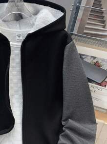 SHEIN 兒童青少年男孩開學休閒連帽對比色保暖內裡厚實梭織黑色秋冬夾克，適合學校、花園、生日 - 黑色 - 查看 5