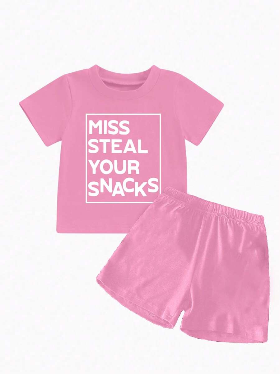 Babymeisjes "Miss Steal Your Snacks" Letter Print Ronde Hals Korte Mouw T-shirt En Shorts Casual Roze Outfit