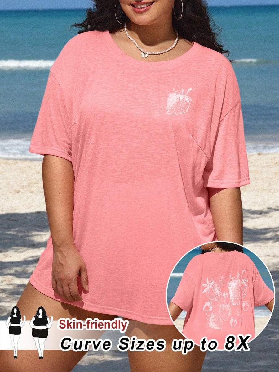 SHEIN CURVE+ Áo thun cỡ lớn họa tiết dâu tây đơn giản cổ tròn tay ngắn siêu rộng cho nữ cỡ lớn mùa xuân và mùa hè - Hồng - Xem 1