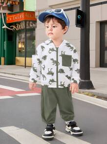 Conjunto de 2 piezas para bebé niño/niña, chaqueta ligera con capucha estampado de dinosaurio en contraste de color y pantalón liso de unicolor, adecuado para primavera, verano, otoño y viajes al aire libre