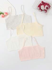 4pcs Girls Strawberry, Rabbit, Cat, Food & Animal Print Cami Top Comfortable Stretchy Vest Underwear Set, Pink/Yellow/White/Grey