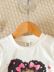 2 件套婴儿/幼儿女孩可爱时尚休闲宽松风格柔软舒适图案白色短袖 T 恤上衣和纯黑色宽松短裤 OOTD 服装，适合家居或户外日常穿着，春夏新品 - 黑與白 - 查看 8