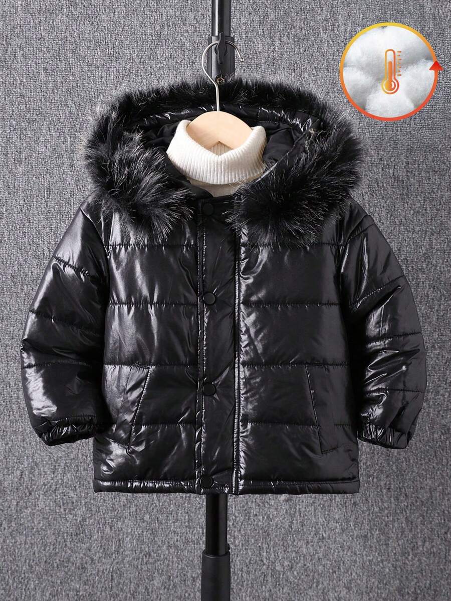 Young Boy Warm & Windproof Padded Coat, Suitable For Winter. This Padded Coat May Be Made Of Insulating Materials, With A Soft Lining For Warmth. The Outer Layer Is Designed With Wind-Resistant Fabric To Protect Children From The Cold Weather. - Black - View 1