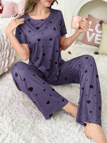 女士短袖上衣和裤子睡衣套装，全身心印花