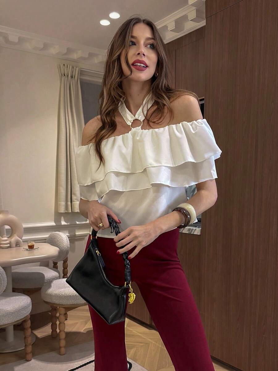 Chiquease Women's Elegant Off Shoulder Elasticated Ruffle Trim Bowknot Design Blouse - White - View 1