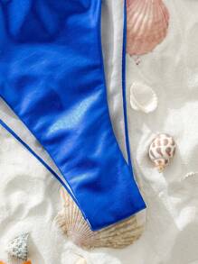 Swim Vcay Women's Summer Beach Solid Metal Accent Tie-Neck Sexy Bikini Swimwear Set - Blue - View 3