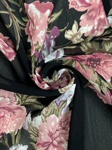 Elenzga 2-częściowy zestaw damski w dużych rozmiarach: Top z szyfonu z kwiatowym wzorem, długim rękawem, dekoltem w serek, paskiem i dopasowanymi spodniami do kostek