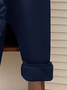 SHEIN Leap Crew Tween Boy 休闲宽松连帽衫和裤子套装，适合通勤、上学、日常、运动和所有季节 - 藏蓝色 - 查看 5