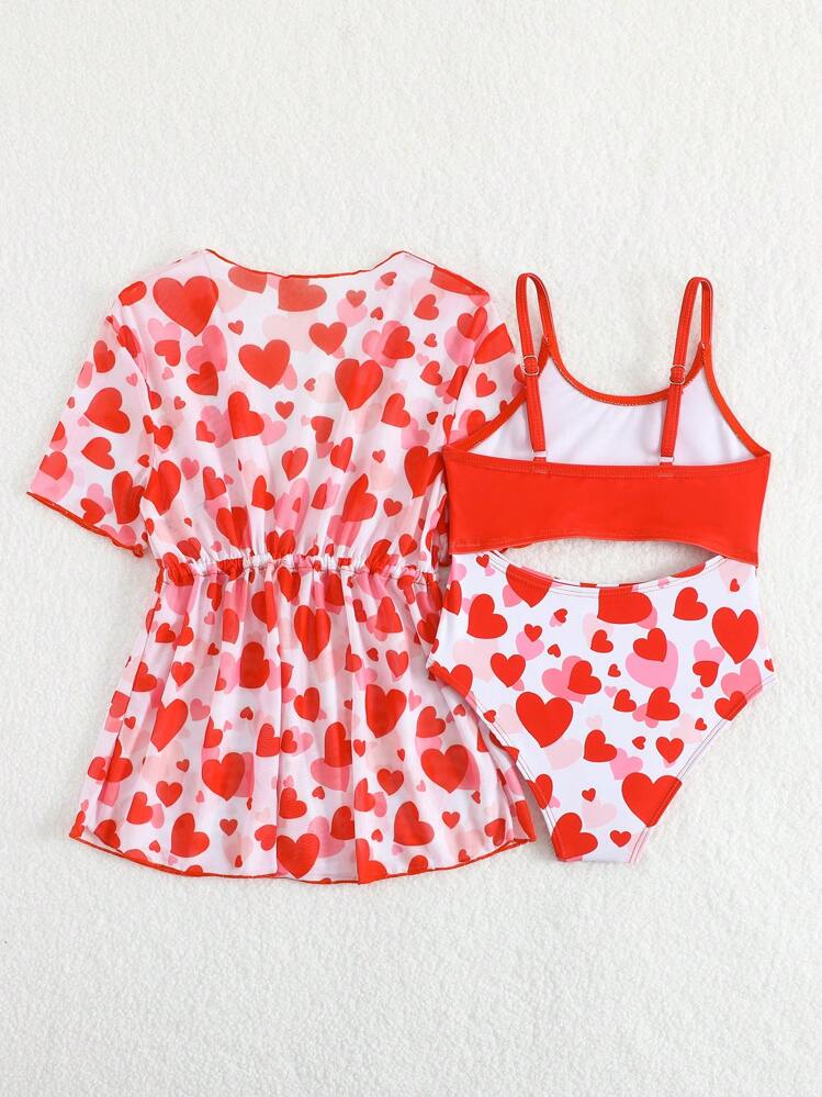 1 pieza Traje de baño de una sola pieza con estampado para niña joven con cobertor - Rojo - Añade 2