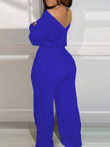 Slaydiva 大码纯色宽松优雅阔腿连体裤 - 寶藍色 - 查看 2