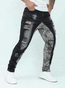 Manfinity Roughcore Jeans pitillo de mezclilla con estampado de camuflaje, parches y rotos para hombre - Negro - Ver 4