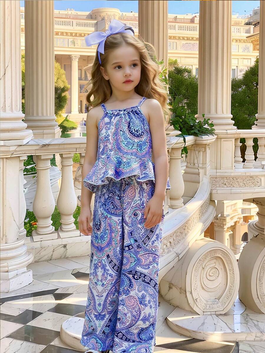 SHEIN 2pcs/Set Girls Vacation Spaghetti Strap Top And Ruffle Pants, Versatile And Comfortable For Spring, Summer, Autumn, Suitable For Girls Aged 4-7 Years, Good For Outings, School, Home, And Vacations - Blue - View 1