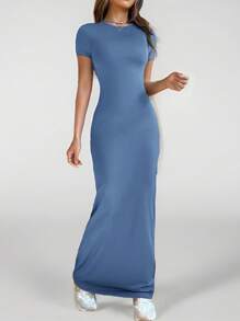 SHEIN PETITE 女款圓領修身短袖洋裝，適合春夏日常穿著，小個女款 - 藍色 - 查看 6