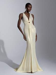 Elitara 优雅奢华涂层裹身弹力针织褶饰性感 V 领鱼尾裙，适合婚礼、派对、度假、舞会、晚会（装饰风格）、正式、派对礼服、礼服，适合婚礼宾客