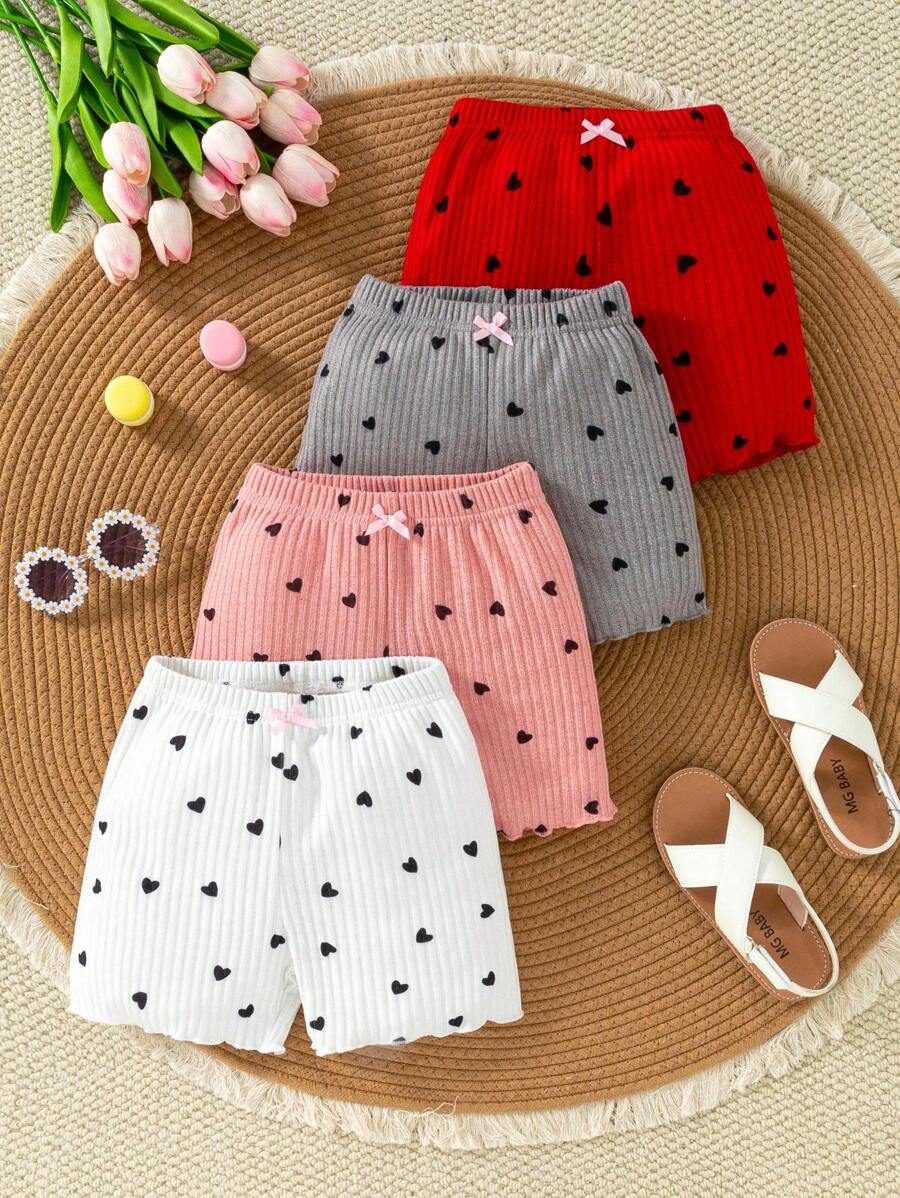 SHEIN 4pcs/Set Young Girl Casual Heart Print Knit Shorts Summer