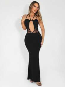 Zolique Ladies' Knitted Rope Lace Splicing Sexy Black Backless Dress - Black - View 4