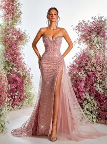 Glamrae Elegant Lotus Pink Luxury Bead & Sequin Mesh Splice Handcrafted Rhinestone Embellished Strapless Fishbone Side High Slit Fishtail Formal Evening Gown - Dusty Pink - View 2