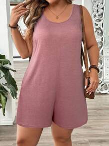 SHEIN LUNE 大码女式纯色圆领休闲连体裤，带口袋 - 藕粉色 - 查看 4