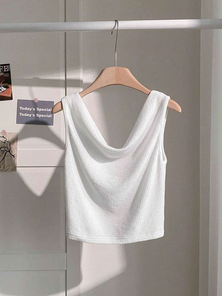 SHEIN LUNE 纯色垂坠领无袖背心，休闲日常基本款，春夏 - 白色 - 查看 1