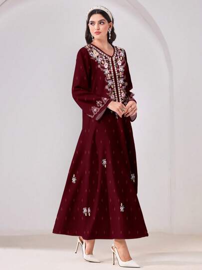 Al Najma 休闲保守花卉 V 领长袖女士阿拉伯风格连衣裙，适合春夏季，端庄的长袍