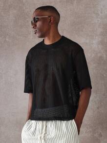 SUMWON Luxuriöses, quadratisch geschnittenes gehäkeltes T-Shirt, Sommerstrandmode, moderner Streetwear-Stil, urbaner Stil, lässiges Designer Mesh-Oberteil mit durchsichtiger Netztextur, Oversized Premium-Netz-T-Shirt