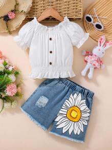 2 Pieces Set Young Girl Chiffon Puff Sleeve Top And Denim Shorts - Multicolor - View 1