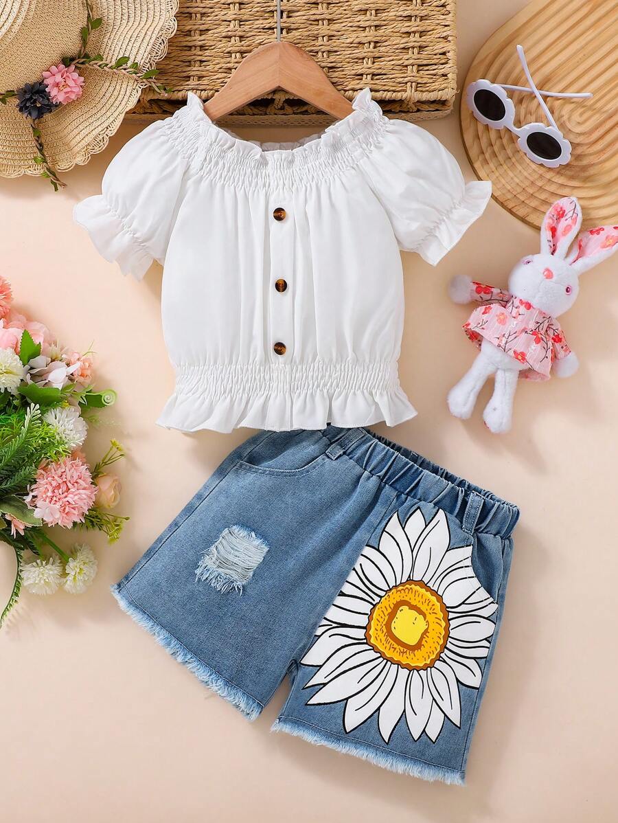 2 Pieces Set Young Girl Chiffon Puff Sleeve Top And Denim Shorts - Multicolor - View 1