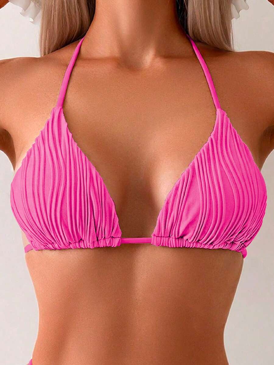 SHEIN Swim 女士夏季海滩纯色吊带比基尼上衣,特殊面料 - 玫紅色 - 查看 1