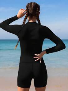 Teen Girls Black And White Zip-Front Surf Suit,Long Sleeve Tankini Swimwear Set