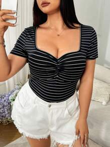 CovetEZ Plus Size Black Textured Bodysuit, Simple Striped Stylish Bodysuit For Summer - Black - View 1