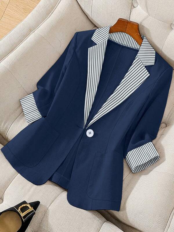 Franclia Chaqueta tipo blazer con botones para mujer, de manga larga, con diseño de parches a rayas, casual para el trabajo diario, para otoño/invierno