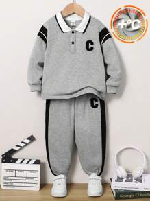 SHEIN 2pcs/Set Young Boys' Casual School Style Comfortable And Fashionable Simple Practical Embellished Fleece Pullover With Pants, Suitable For Kids Outfits, Back To School, Young Boy Clothes, School Uniform, Daily Wear, Outdoor, Sports, Autumn And Winter Season