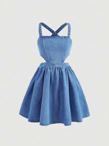 SHEIN Girlism Tween Girl Cool And Cross Back Woven Solid Color Sleeveless Backless Bowknot Tie Denim Dress, Spring/Summer,Girls Summer Beach Boho Rave Concert Outfits - Light Wash - View 2