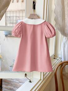 SHEIN 可爱 Babygirl 夏季粉色彼得潘领蝴蝶结短袖连衣裙 - 粉色 - 查看 2