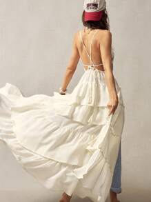 Bohemela Summer Boho Embroidery Pattern Ruffle Trim Backless Dress For Women - Red - View 6