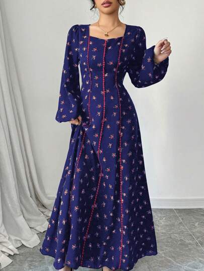 Al Najma 女士碎花甜心领灯笼袖优雅阿拉伯连衣裙，端庄