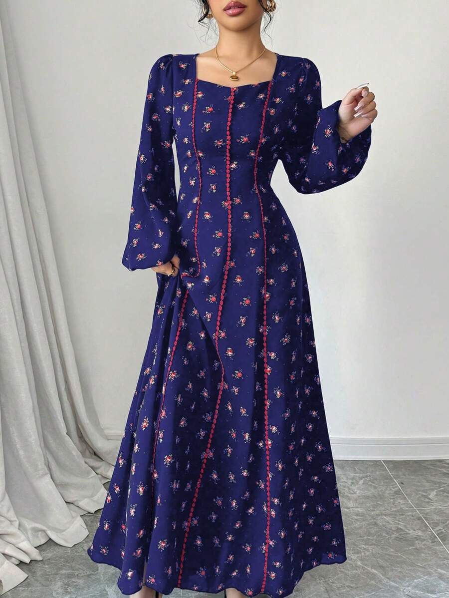 Al Najma 女士碎花甜心领灯笼袖优雅阿拉伯连衣裙，端庄 - 藍色 - 查看 1