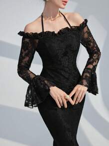 Modelyn Vintage Jacquard Neckholder A-linie Kleid Mit Volant Ärmel Für Frauen, Frühling/sommer