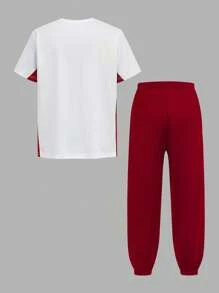 SHEIN 2pcs Boys Sports Set: Loose Print Short Sleeve T-Shirt And Drawstring Waist Sweatpants, Comfortable Soft Material Suitable For Running & Exercise - Red - View 2
