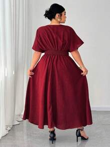 SHEIN CURVE+ Vestidos de cumpleaños talla grande CURVE+, vestidos de fiesta, elegantes, formales para mujeres, vestidos de noche, vestido rojo, plisado