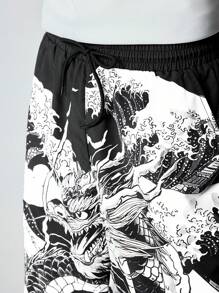 ROMWE MEN Anime 男士休闲简约时尚短裤，日常穿着 - 黑色 - 查看 3