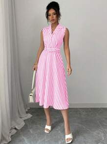 Elenzga Vestido midi sin mangas de rayas para mujer, para el verano