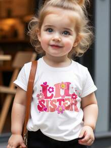 SHEIN 姐妹套装，粉色“Lil Sister”字母印花休闲短袖圆领女婴T恤，适合夏季 - 白色 - 查看 5