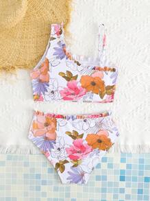 Tween Girl' Ruffled One-Shoulder Floral Print Split Bikini Swimwear, Mommy And Me Matching Outfits (3 Sets Sold Separately) - Multicolor - View 2
