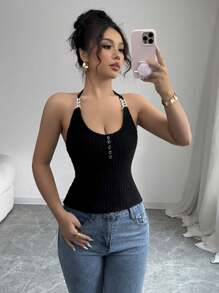 INAWLY Damski swobodny, uniwersalny, szczotkowany, prążkowany, czarny, kwadratowy dekolt, halter, wiązany, ozdobny łańcuszek z przodu, otwarty top - Czarne - Zobacz 6