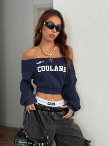 SHEIN EZwear Women Winter Casual One Shoulder Loose Sweatshirt - Navy Blue - View 5