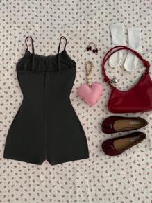 SHEIN EZwear Black Knit Women's Bodycon Jumpsuit - Black - View 2