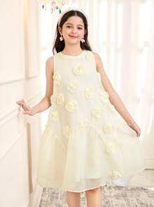 Elegantes ärmelloses Kleid mit 3D-Blumenmuster aus Organza-Patchwork in A-Linie für Tween-Mädchen - Aprikosenfarben - Übersicht 5